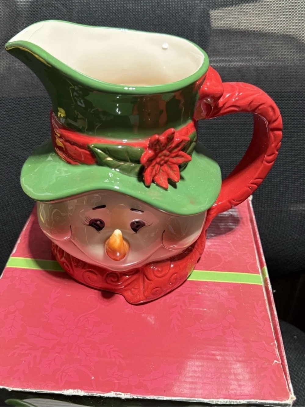 Kirklands Red and Green Snowman Ceramic Pitcher